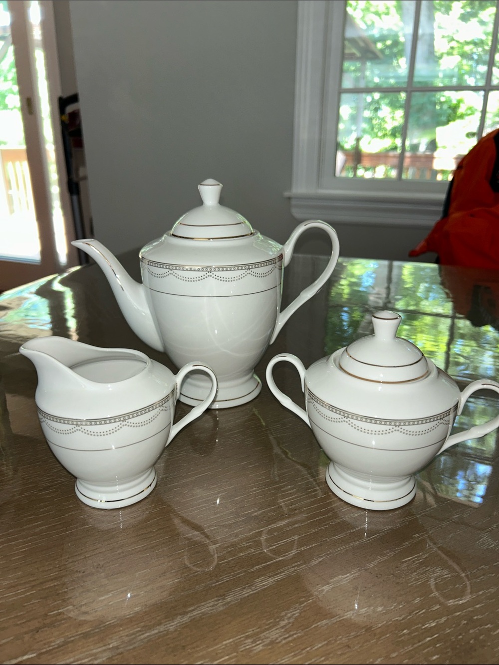 White Porcelain Tea Set with Gold Trim - Teapot, Sugar Bowl & Creamer